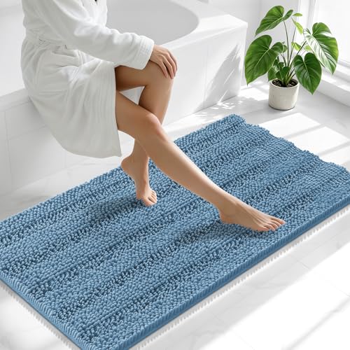 Image of Smiry Thick Chenille Bathroom Runner Rugs 47x24, Extra Absorbent Striped Bath Mat, Machine Washable, Rubber Backing, Long Bath Rugs for Tub & Shower, Modern Home Decor Accessories, Airy Blue