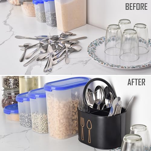 Image of Metal Spoon Stand for kitchen Steel | Cutlery Holder | Spoon Holder | Cutlery stand | Spoon organiser for kitchen - 12 months warranty (Black)
