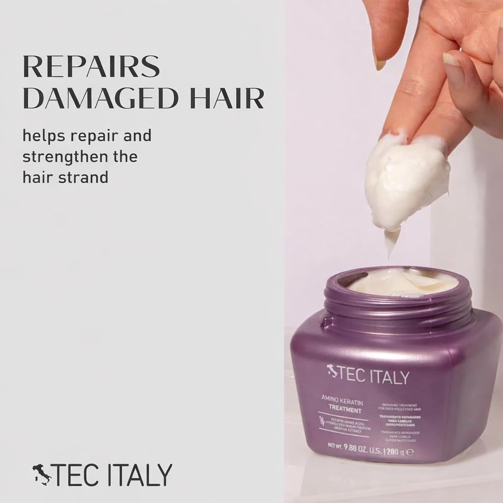 Tec Italy Amino Keratin Intensive Hair Mask for Dry & Over-Processed Hair, Deep Repair & Strengthening Treatment, Improves Elasticity Shine & Softness, Professional Keratin Moisture Care, 9.87 oz