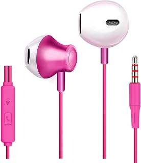 MUNSKT Half in Ear Headphones 3.5mm Jack, HiFi Stereo Noise Isolating Wired Earbuds with Microphone and Answer Phone Key, Compatible With Most 3.5mm Audio Devices (Pink)