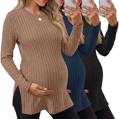 3 Pack Women's Maternity Shirts, Ribbed Long Sleeve Pregnancy Sweaters Knit Split Side Crew Neck Tunic Tees Tops