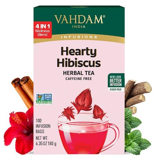 VAHDAM, Té de hibisco (100 bolsitas de té), sin cafeína, sin OMG, directamente de la fuente, ecológicas envueltas individualmente