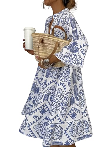Image of miduo Womens Summer Dress Casual V Neck Buttoned 3 /4 Sleeve Bohemian Tribal Print Flowy Mini Dresses