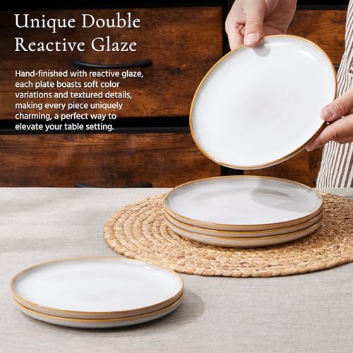 Image of E-far 8 inch Ceramic Salad Plates Set of 6, Reactive Glaze Stoneware Dishes, Round Dessert Plate for Home Kitchen Restaurant, Microwave & Dishwasher Safe - Seashell White