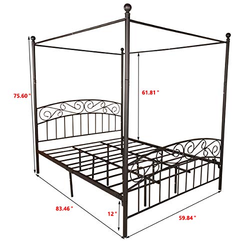 Jurmerry Metal Canopy Bed Frame Four-Poster Bed With Headboard & Footboard Mattress Foundation Sturdy Slatted Structure No Box Spring Needed Easy Assembly, Queen Texture Black #TOP1