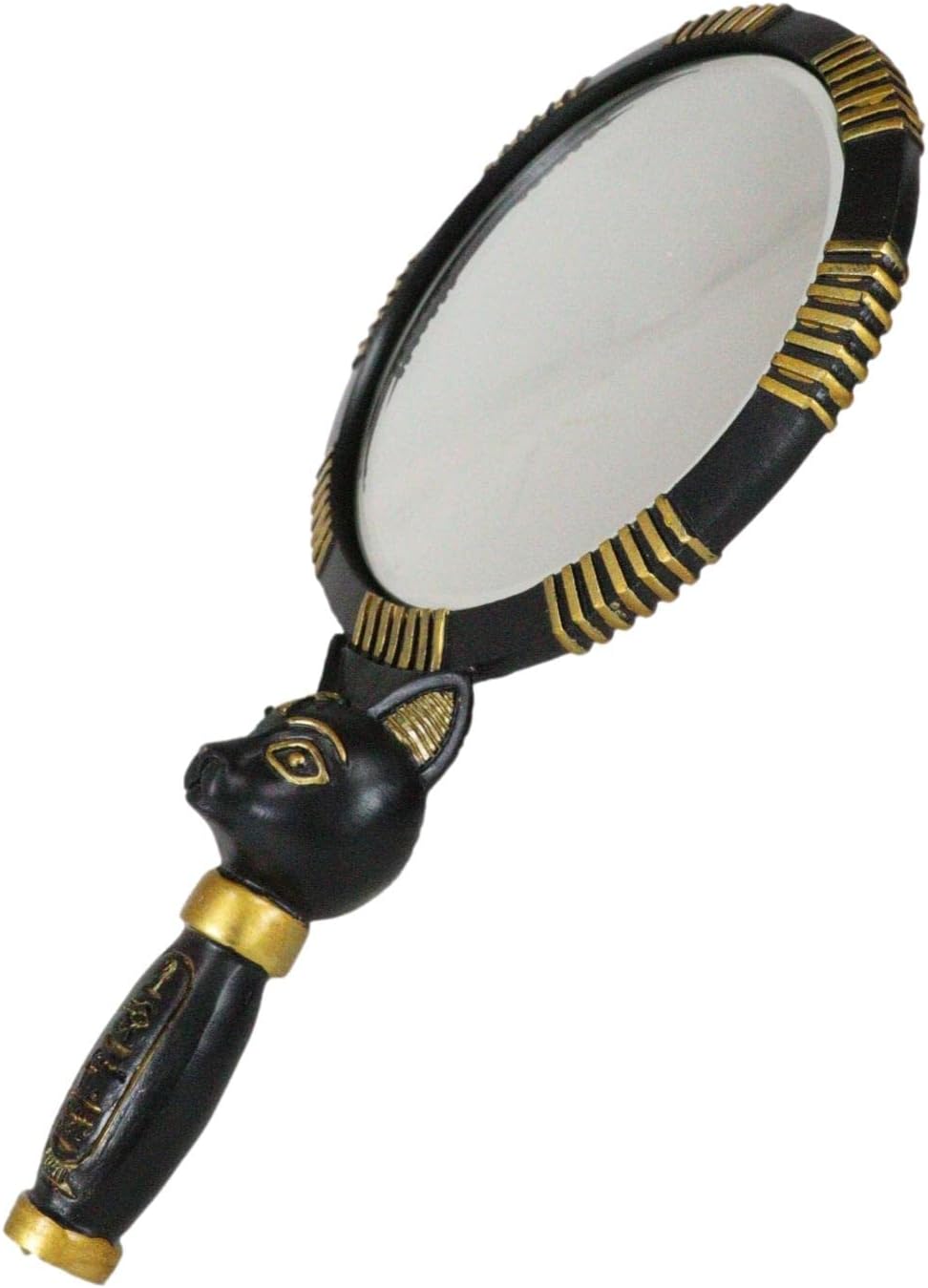 Ebros Gift Ancient Egyptian Black and Gold Classical Goddess Bastet Cat with Hieroglyphs Hand Mirror Figurine 9.25" H New Age Mysticism with Gods of Egypt Symbol of Protection and Fertility