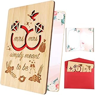 HOWAF Real Bamboo Mrs & Mrs Wedding Congratulations Card, Wooden Lesbian Wedding Anniversary Card LGBT Diamond Engagement Card for Gay Lesbian Couple Marriage, Wedding, Bridal Shower, Engagement Gifts