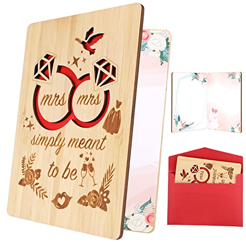 HOWAF Real Bamboo Mrs & Mrs Wedding Congratulations Card, Wooden Lesbian Wedding Anniversary Card LGBT Diamond Engagement Card for Gay Lesbian Couple Marriage, Wedding, Bridal Shower, Engagement Gifts