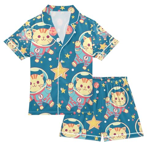 senya Happy Kittens Wearing Space Satin Summer Pajama Sets Silk Short Sleeve Button Down Sleepwear