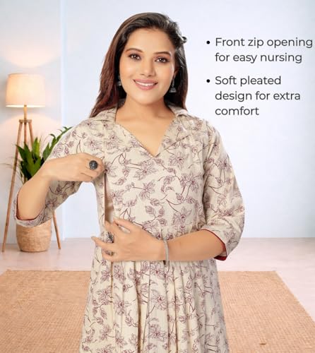 Image of Momenta Women's Pure Cotton Maternity Kurta Set | Feeding Kurti with Concealed Zippers | Maternity Dress for Pre & Post Pregnancy