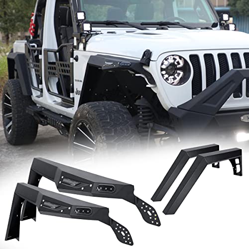 For 2018-2025 Jeep Wrangler JL & JLU Unlimited Front and Rear Fender Flares with LED DRL Lights & Sequential LED Turn Lights, HAWKLEY Off-Road Steel Fender Flares Liners Fit 4WD 2WD for Wild Off-Road