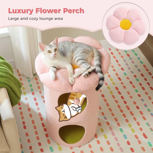 PETEPELA 2-Level Cat Beds for Indoor Cats, Cat Tree House with Removable Flower Cat Bed, Cute Cat Bed Cave Hideaway, Indoor Cats Condo for Large Cats, 20X20X28.7 Inches, Pink