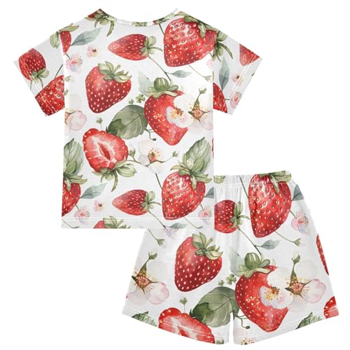ALAZA Watercolor Strawberry Blossom White Pajamas Short Sleeve 2 Piece Sleepwear Top and Bottom Pajama Set Unisex2