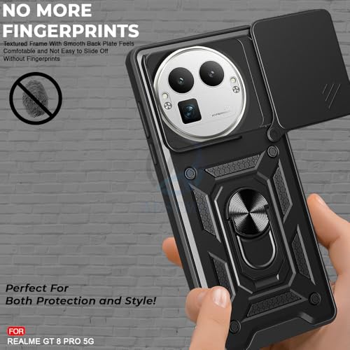 Image of AESTMO Tough Armor Realme GT 8 Pro 5G Bumper Back Case Cover | Ring Holder & Sliding Camera Shield Cover | 360 Degree Protection Back Case Cover for Realme GT 8 Pro 5G (Black)