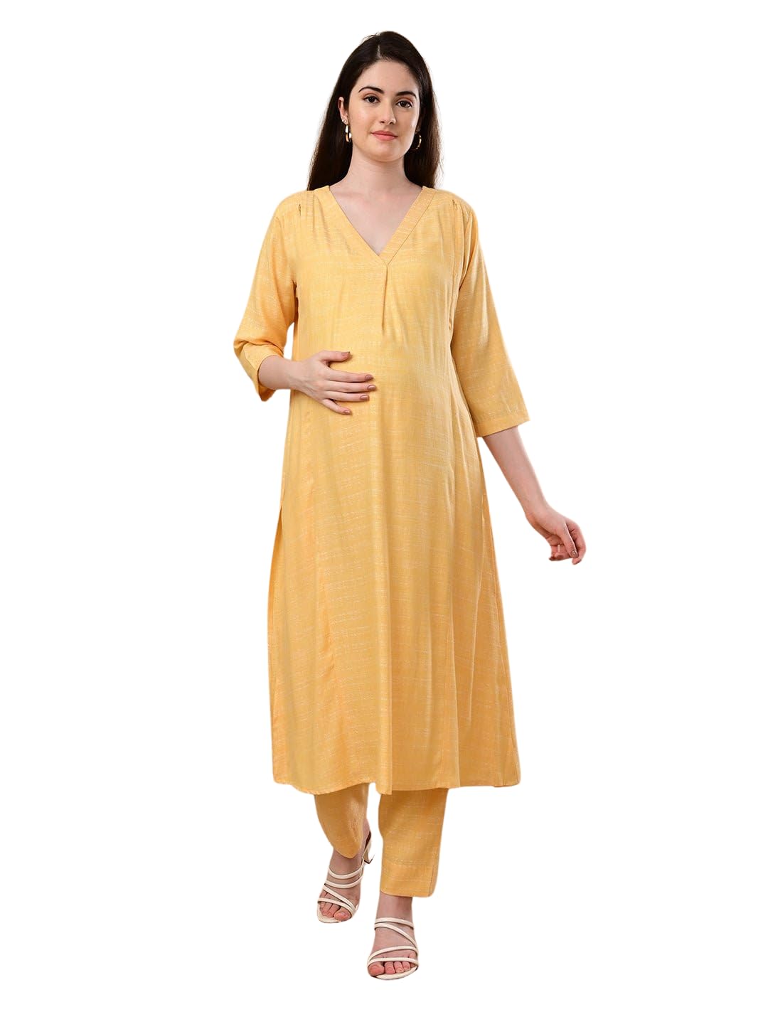 Maternity and Nursing Co-Ord Set | V Neck and Regular Sleeves | Nursing Zippers | Trendy Pre and Post Pregnancy Kurta Palazzo Set for New Mom | Lemon | 2XL-image-1