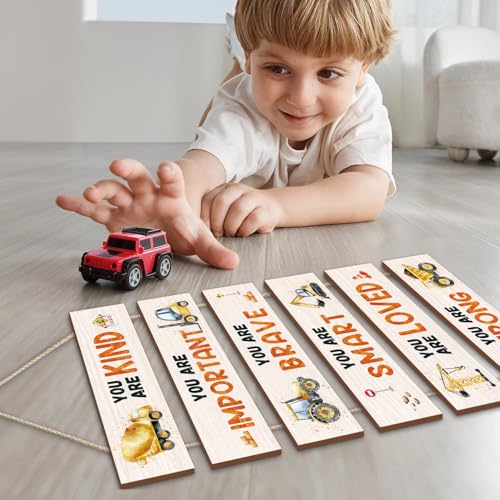 Image of HPNIUB Construction Trucks Room Decor for Boys, Transportation Inspirational Positive Quotes Hanging Plaque Sign, Cartoon Vehicle Wood Sign for Nursery or Toddler Room Decor