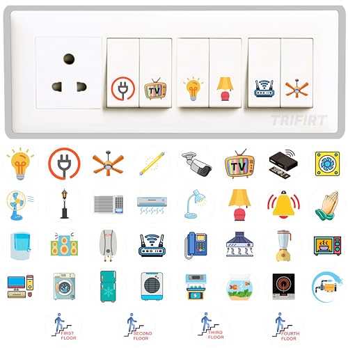 Image of Trifirt Transparent Switch Stickers for White Switchboard for Home Office Electric Board Appliances for Home Fan Tubelight Lamp Stickers 36 Design 450 Pcs (Colourful)