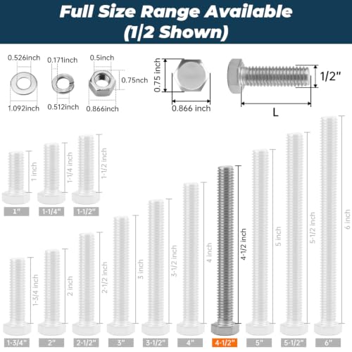 Image of 4 Sets Glvaner 1 /2-13 x 4-1 /2 inch Stainless Steel Hex Head Screws Bolts, Nuts, Flat & Lock Washers, 18-8 (304) Stainless Steel, Full Thread, Coarse Thread