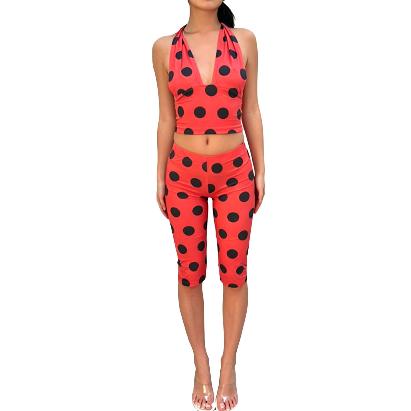 Sexy outfit Damskie legginsy capri w kropki, wiązane na szyi, 2-częściowy zestaw strojów biedronki