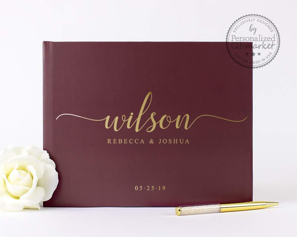 Burgundy and Gold Wedding Guest Book with Blank or Lined Pages, Personalized Photo Album or Journal - Hardcover (10x8 inches)
