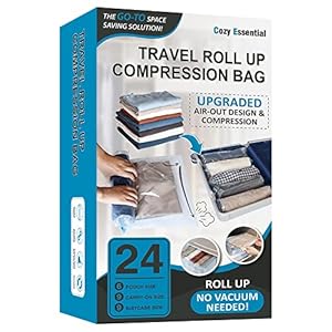 24 Travel Compression Bags, Roll Up Travel Space Saver Bags for Luggage, Cruise Ship Essentials (9 Large Roll/9 Medium Roll/6 Small Roll)