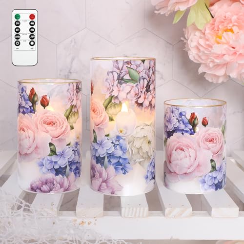 Image of Hydrangea Rose Flameless Candles with Remote Control & Timer Function - Real Wax Glass Battery Operated Candles - Home Farmhouse Holiday Christmas Valentine's Day Decorations - Set of 3