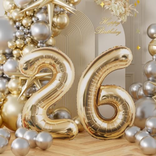 Image of AULE 40 Inch Large 26 Balloon Numbers Light Gold, Big Foil Number Balloons, Giant Helium 62 Happy Birthday Party Decorations for Man and Women, Huge Mylar Anniversary Party Supplies