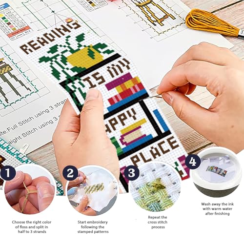 Image of ACRNIGHEET 6PCS Cross Stitch Bookmark Kit for Beginner Stamped Cross Stitch Kits for Adults Bookshelves DIY Tassel Embroidery Bookmark Kits Needlepoint Kit with Instructions Craft Gift 8.5''x3'' 11CT