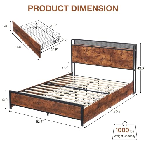 Image of Garvee Full Bed Frame with Storage Wood Headboard, Metal Platform Bed with 4 Storage Drawers & Shelf, Built in Charging Station & LED Lights, No Box Spring Needed, Vintage Brown