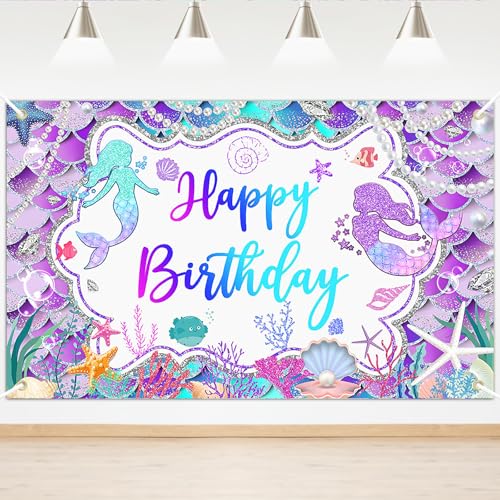 Lecheme Mermaid Birthday Backdrop Glitter Purple Mermaid Banner Happy Birthday Party Decorations for Girls Mermaid Photo Background 6x3.6 ft
