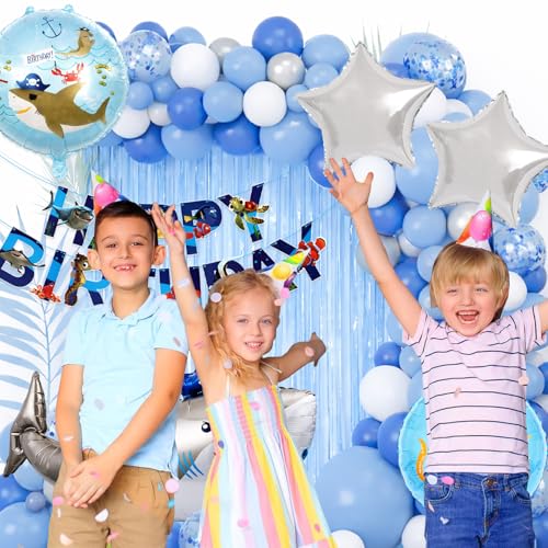 Image of Rozi Decoration Shark Theme Birthday Decorations Foil Curtain Backdrop Combo Kit Set of 84 Pcs | Fish Theme Foil Balloons | Birthday Decoration Kit for Shark Bday Decor