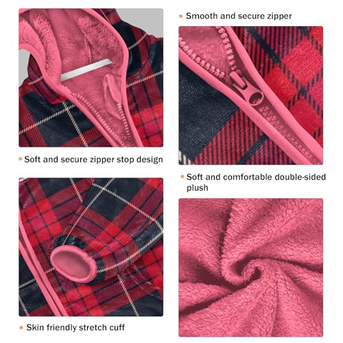 GuoChe Red Cream Buffalo Plaid Tartan Check Scotland Merry Christmas Girls Sherpa Jacket With Hood3