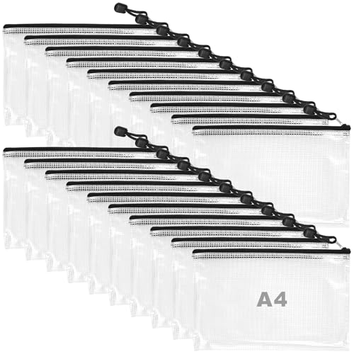 20 Stück Wasserdichte Dokumententasche A4 mit Reißverschluss, Transparente Zipper Beutel für Papier, Dokumenten, Kosmetika - Kunststoff Mesh Reißverschlusstaschen