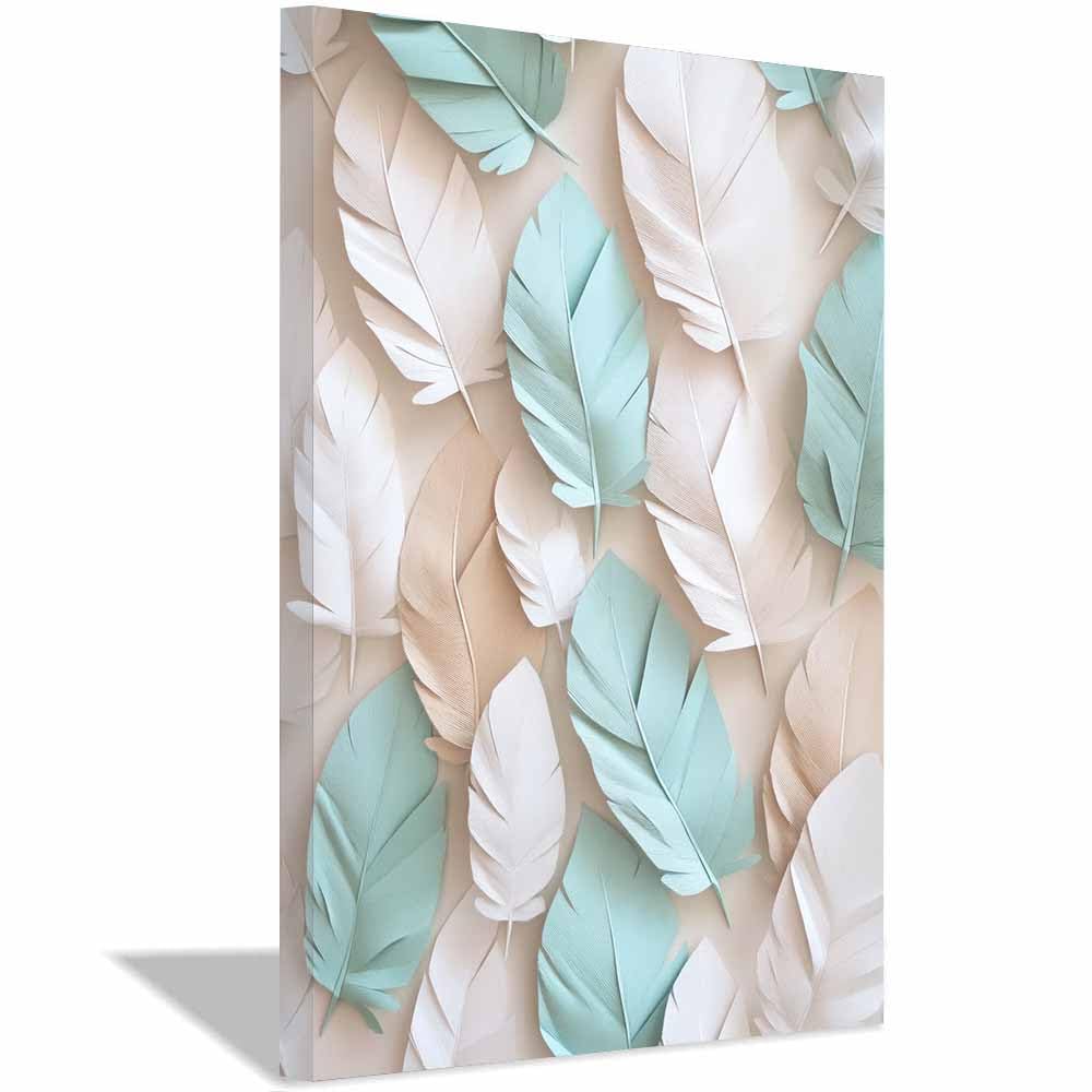 QUSAAOU Muralo Leinwandbild Beige Türkis Feder Muster Wand Deko Abstraktion-Motiv Bild FüR Wohnzimmer Schlafzimmer BüRo Restaurant Wandbild Wanddeko Modern Vintage(Beige)-40x60cm Gerahmt