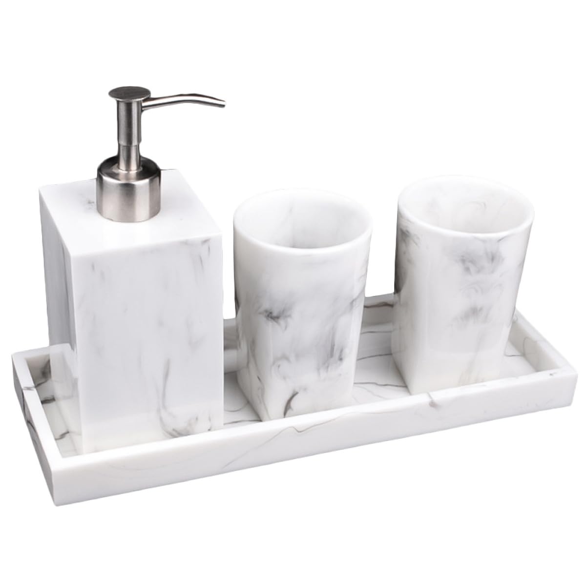 Gadpiparty Set Bicchieri Porta Spazzolini Accessori Bagno Effetto Marmo in Resina Nero con Dispenser e Vassoio Organizzatore Bagno