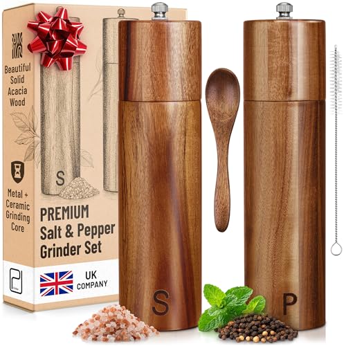 Premium Wooden Salt and Pepper Grinder Set - 28 g / 1 oz Each Acacia Solid Wood Mills - Refillable Coarse Grain Salt & Peppercorn Manual Twist Grinders - Modern or Rustic Home Table - by PJC-Kitchen