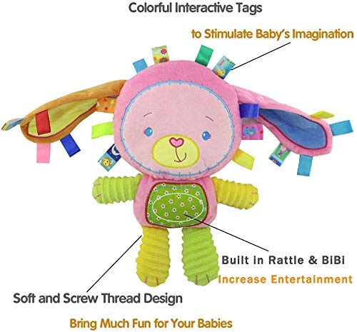 Upalupa Baby Soft Stuffed Animal Plush Toy With Colorful Tags Infant Taggies Bunny Blanket Baby Sensory Tag Toy With Rattle Ribbons, Great Shower Gift Set #TOP2