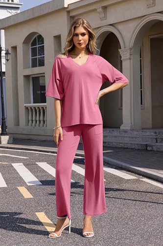 Image of difficort Outfits for Women 2025 Raglan Short Sleeve Lounge Sets Wide Leg Knit Loungewear with Pockets,Dark Pink,Large