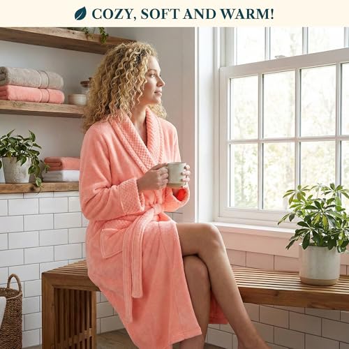 Image of PAVILIA Women's Plush Fleece Robe, Soft Cozy Long Bathrobe with Satin Waffle Trim, Warm Lightweight, Pockets & Tie Belt