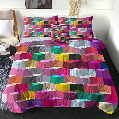 Sleepwish Colorful Cubes Geometric Comforter Set Chevron Pattern Bed Set Block Stylish Modern Quilt Set for Kids Girls Teens Pink Green Turquoise (Twin)