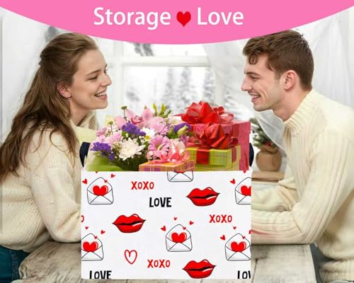 Image of Valentines Day Basket Large Foldable Heart Shaped Storage Box for Gifts Kids Empty Storage Bins Rectangular Toy Organizer Decor (Mouth Envelope Love)