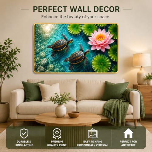 Image of Arkasto Turtle Lotus Wall Painting for Living Room | Premium HD UV Printed MDF Wall Decor | Vastu & Feng Shui Home Decoration | Waterproof Anti Fade Sparkle Laminated Artwork | Rounded Golden Edge Frame | 36 x 24 Inch
