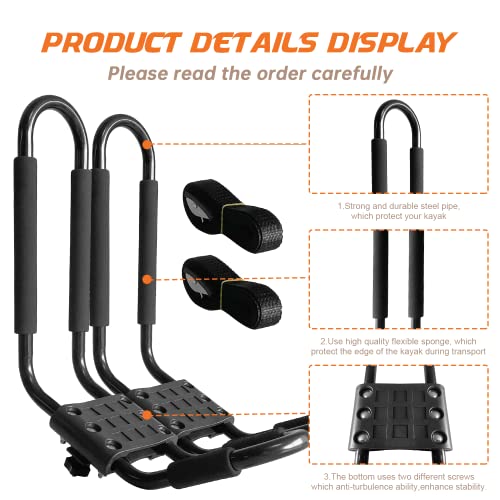 image for HIGHRAZON Kayak Roof Rack, 2 Pair J-Bar Roof Rack with 4 Ropes. Heavy 