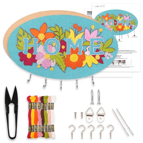 Image of picknMAKE DIY Embroidered Keychain Holder Kit - Complete Set with Oval MDF Base, Natural Jute Fabric, Home Floral Design, Multicolor Threads, Hooks, Glue, and Easy Mounting Setup