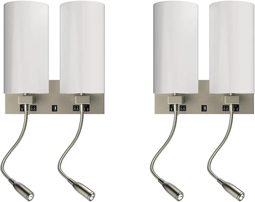 LEDMyplace - Aplique de pared LED de 2 luces para interiores, luces de pared para dormitorio con puertos USB y tomacorriente, base E26, apliques de