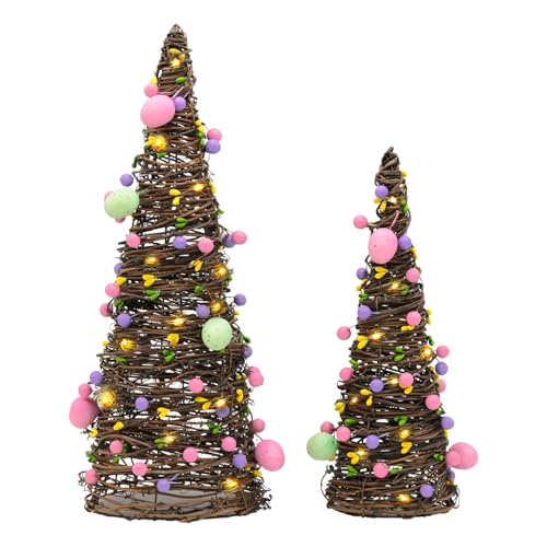 CRCZK 2PACK Easter Rattan Table Tree Decor Lighted Easter Decorations