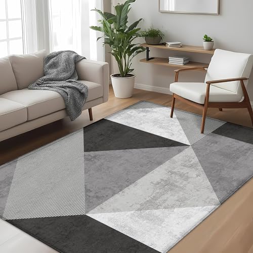 5x7 Area Rug for Living Room, Grey Black Abstract Geometric