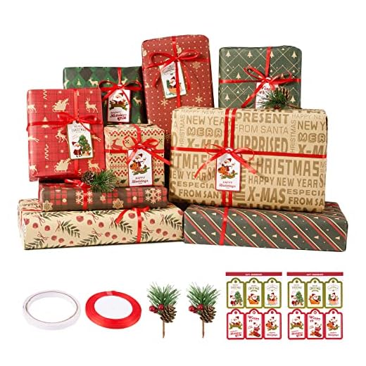 9 Hojas Papel de Regalos Navidad 50x70cm Papel de Envolver Cajas de Regalos Hoja de Embalaje con Cinta Pegamento Etiquetas Ramas de Pino para Envolver Regalos Fiesta de Navidad