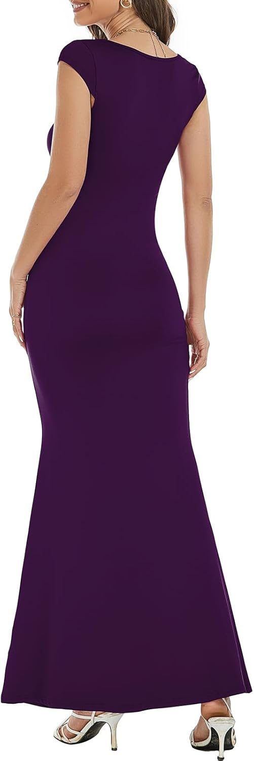 Womens Summer Cap Sleeve Square Neck Elegant Casual Lounge Bodycon Slim Maxi Evening Party Long Dress - Image 6