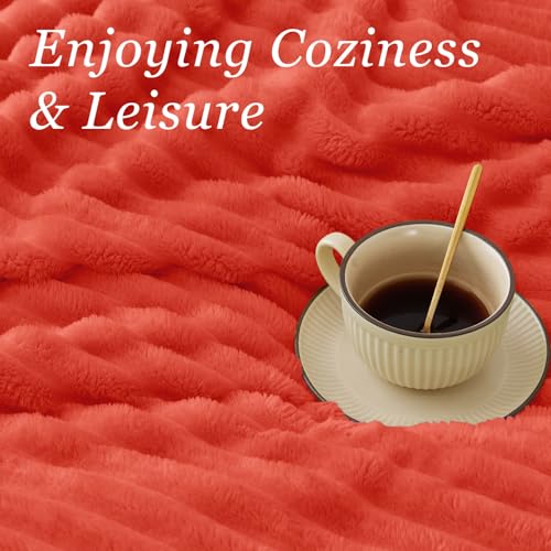 Image of BEDELITE Ribbed Fleece Throw Blanket for Couch, Coral Red, 50 inchx60 inch | Ultra-Soft Plush Fleece, Warm Yet Lightweight, Ribbed Texture, Home Decor, Machine Washable, Giftable, All-Season Use